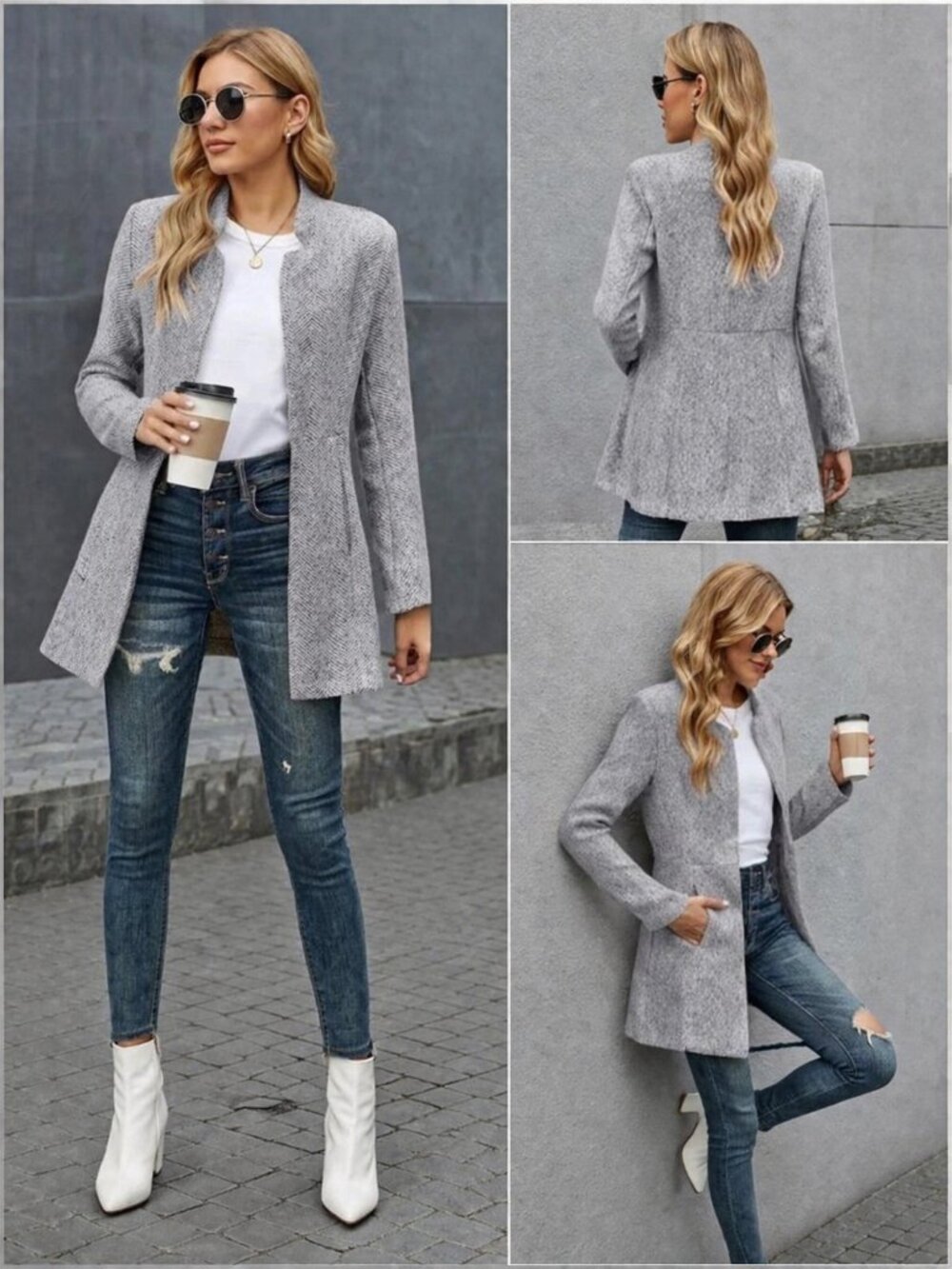 Vici Tayshia Heather Grey and White Herringbone Tweed Blazer Coat - Large